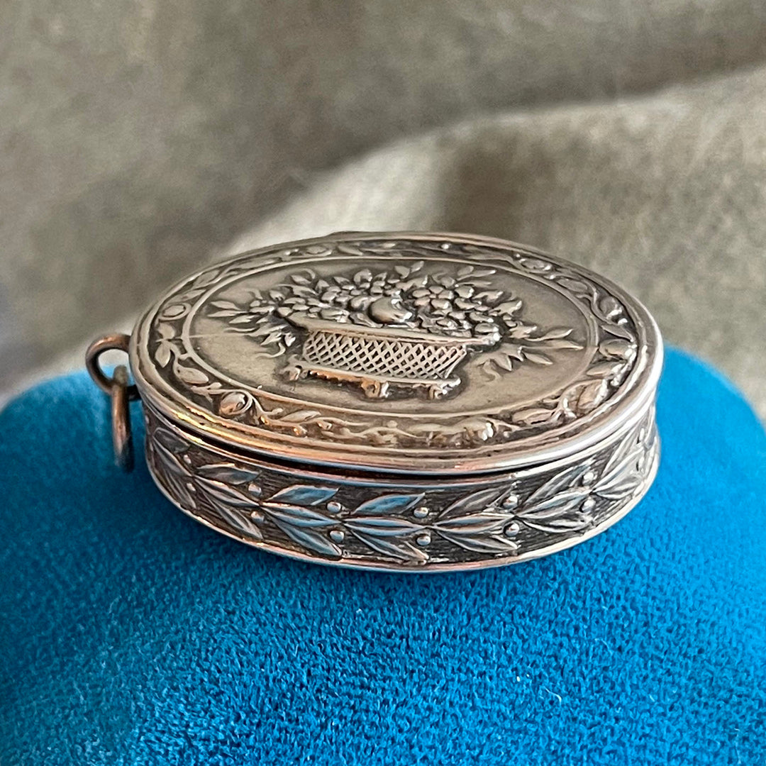 Antique Silver Repoussé Pill Box Pendant with Basket of Flowers, c. 1890