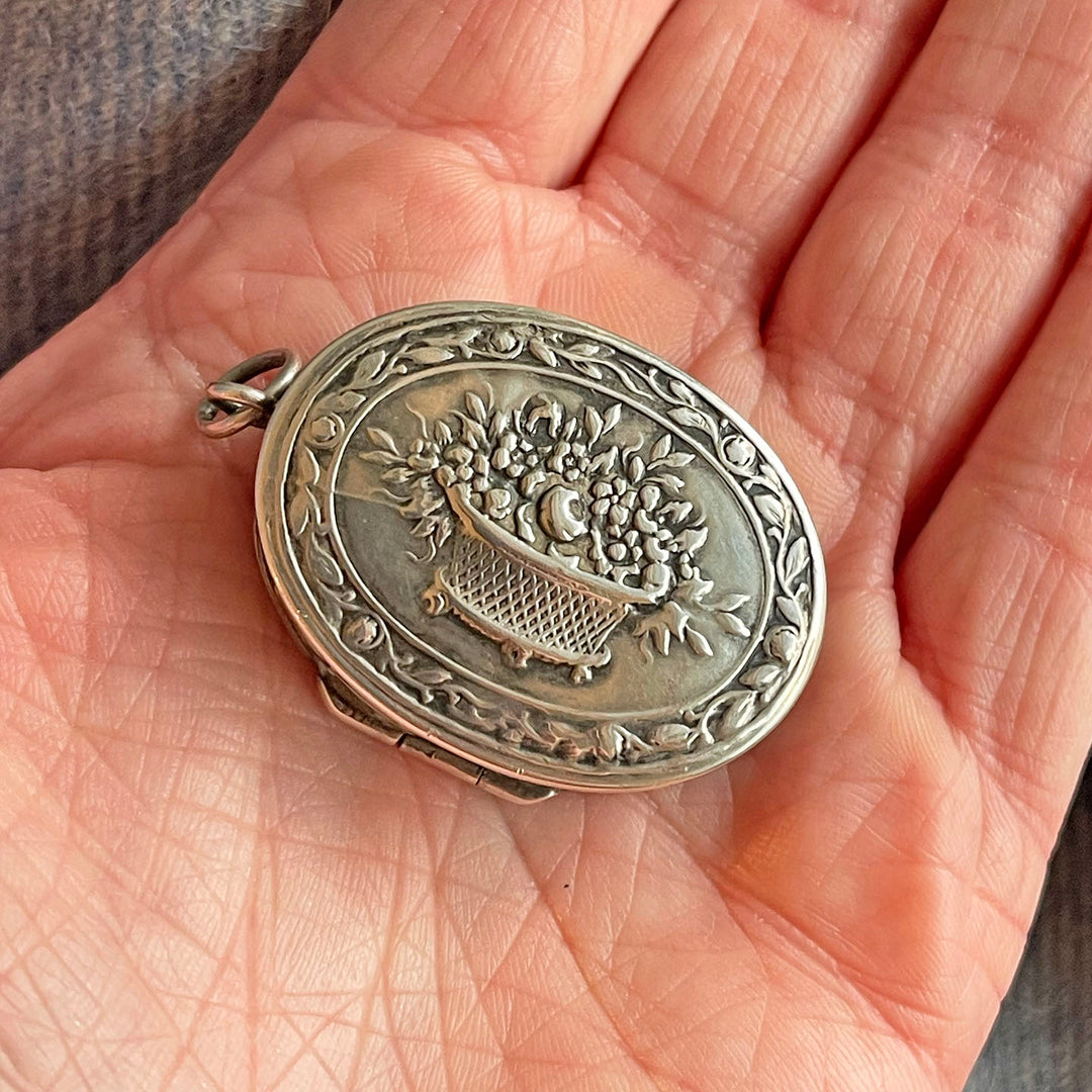 Antique Silver Repoussé Pill Box Pendant with Basket of Flowers, c. 1890