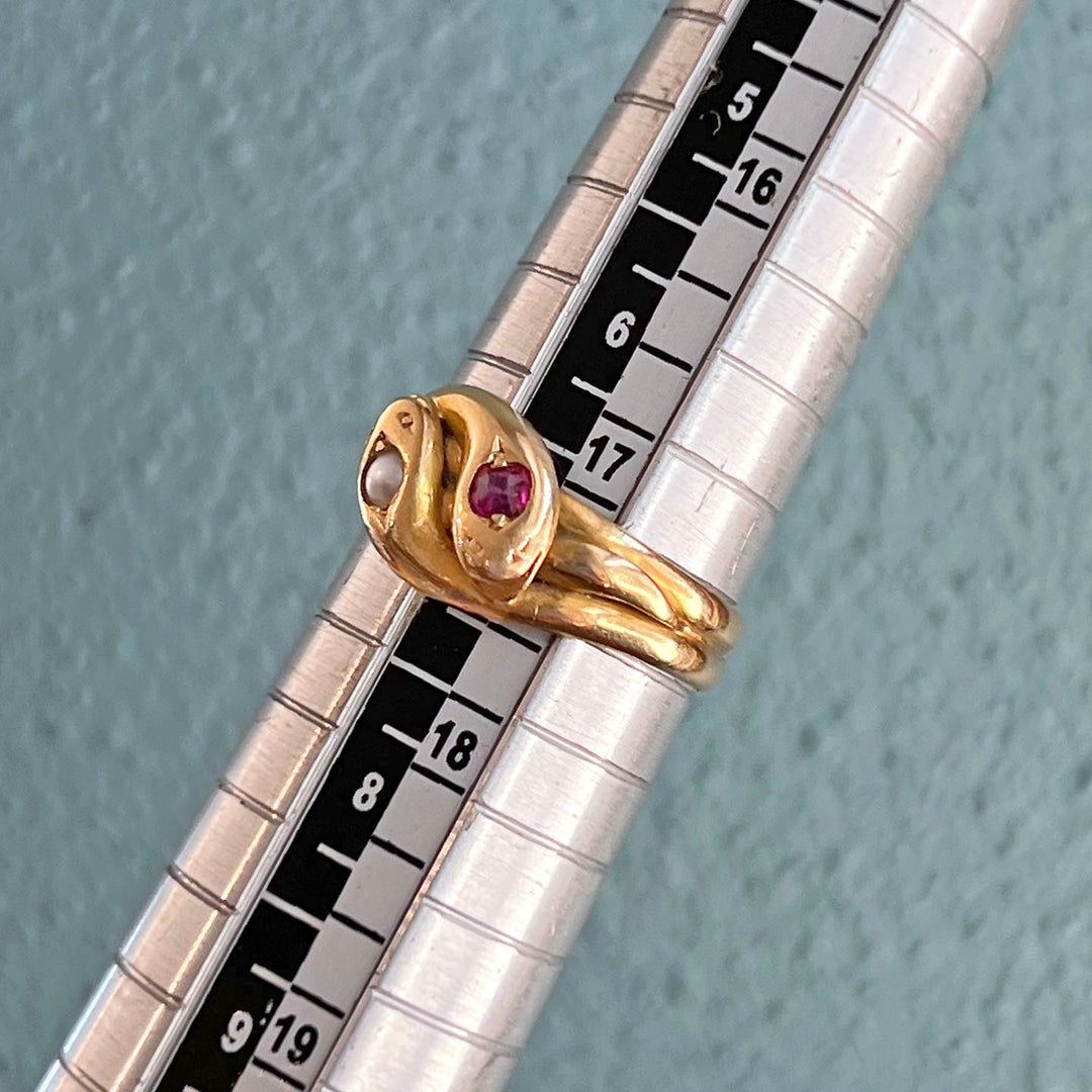 Antique Victorian Ruby Pearl Double Snake Gold Ring, c.1890 Size 7