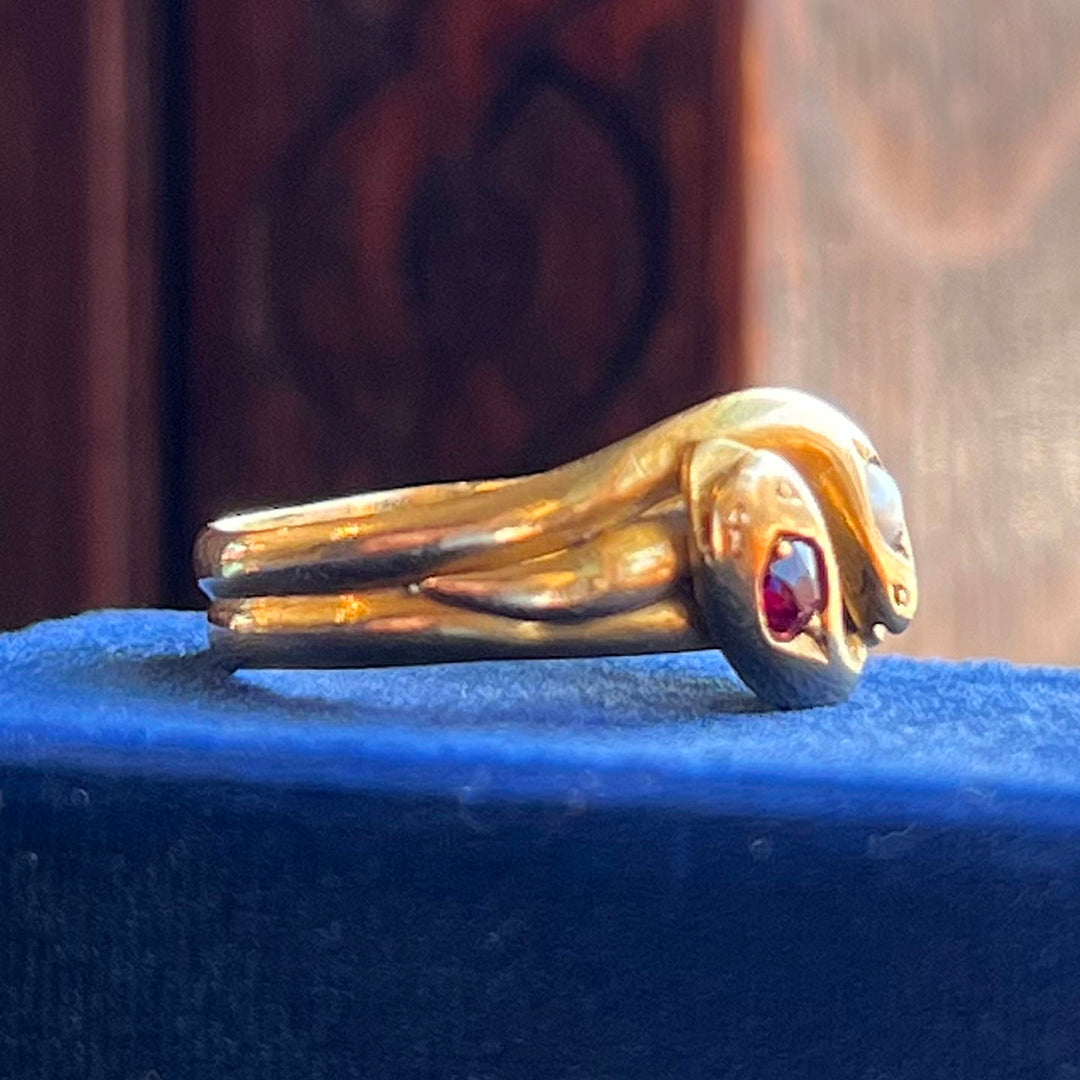 Antique Victorian Ruby Pearl Double Snake Gold Ring, c.1890 Size 7