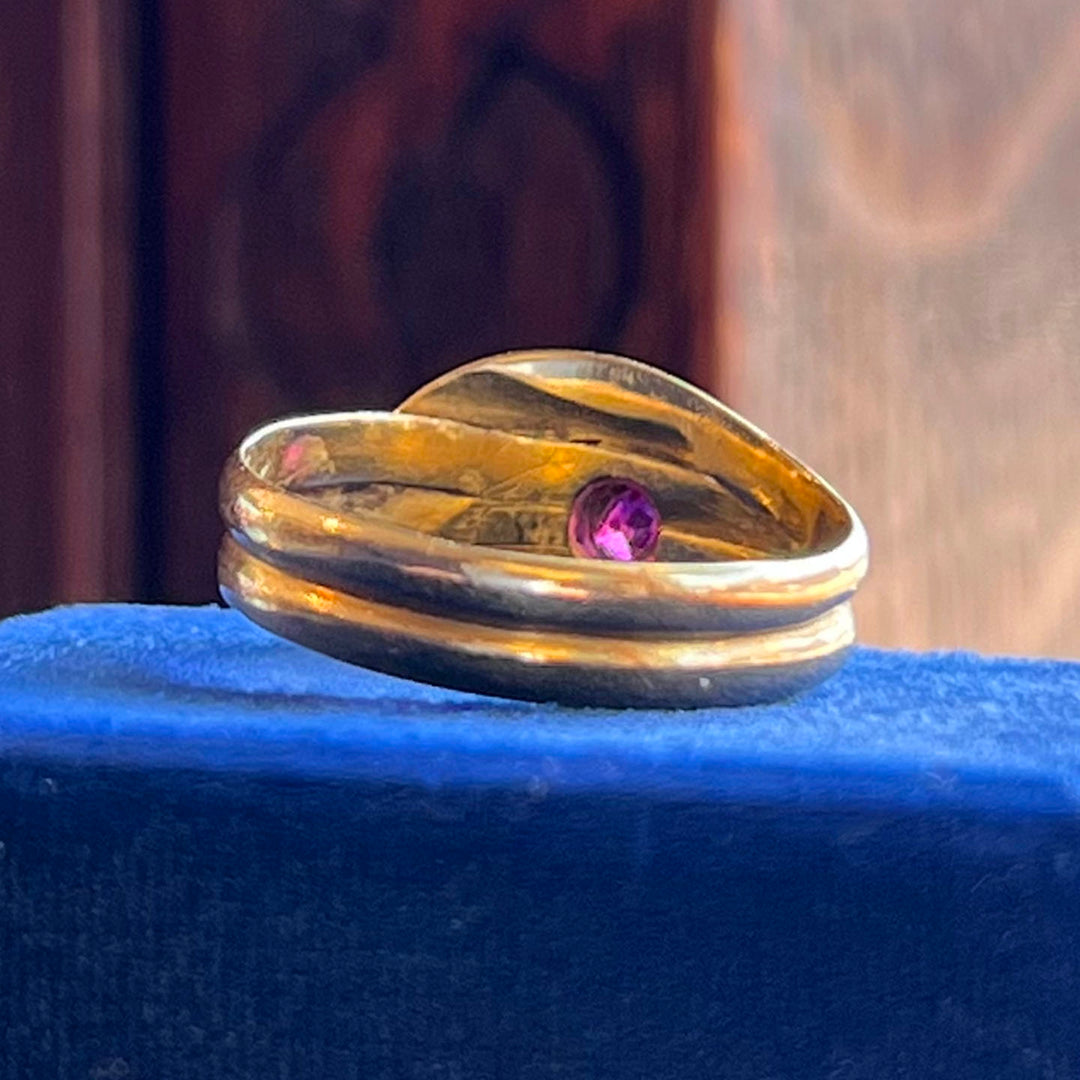 Antique Victorian Ruby Pearl Double Snake Gold Ring, c.1890 Size 7