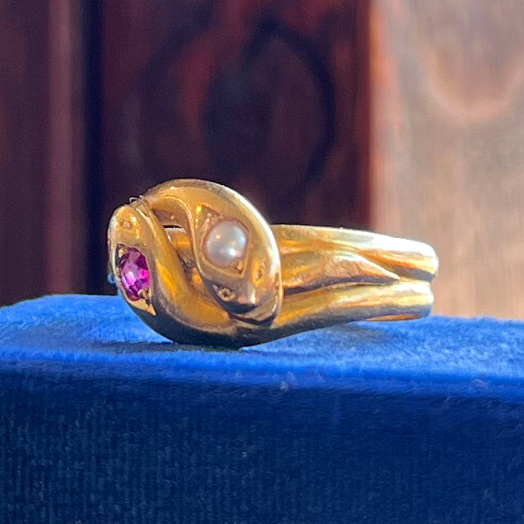Antique Victorian Ruby Pearl Double Snake Gold Ring, c.1890 Size 7