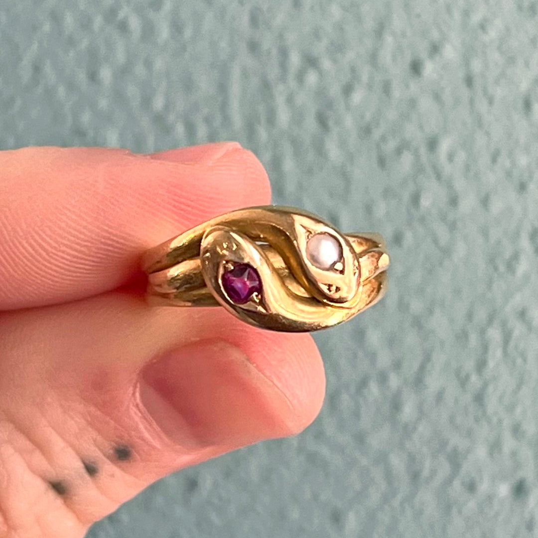 Antique Victorian Ruby Pearl Double Snake Gold Ring, c.1890 Size 7