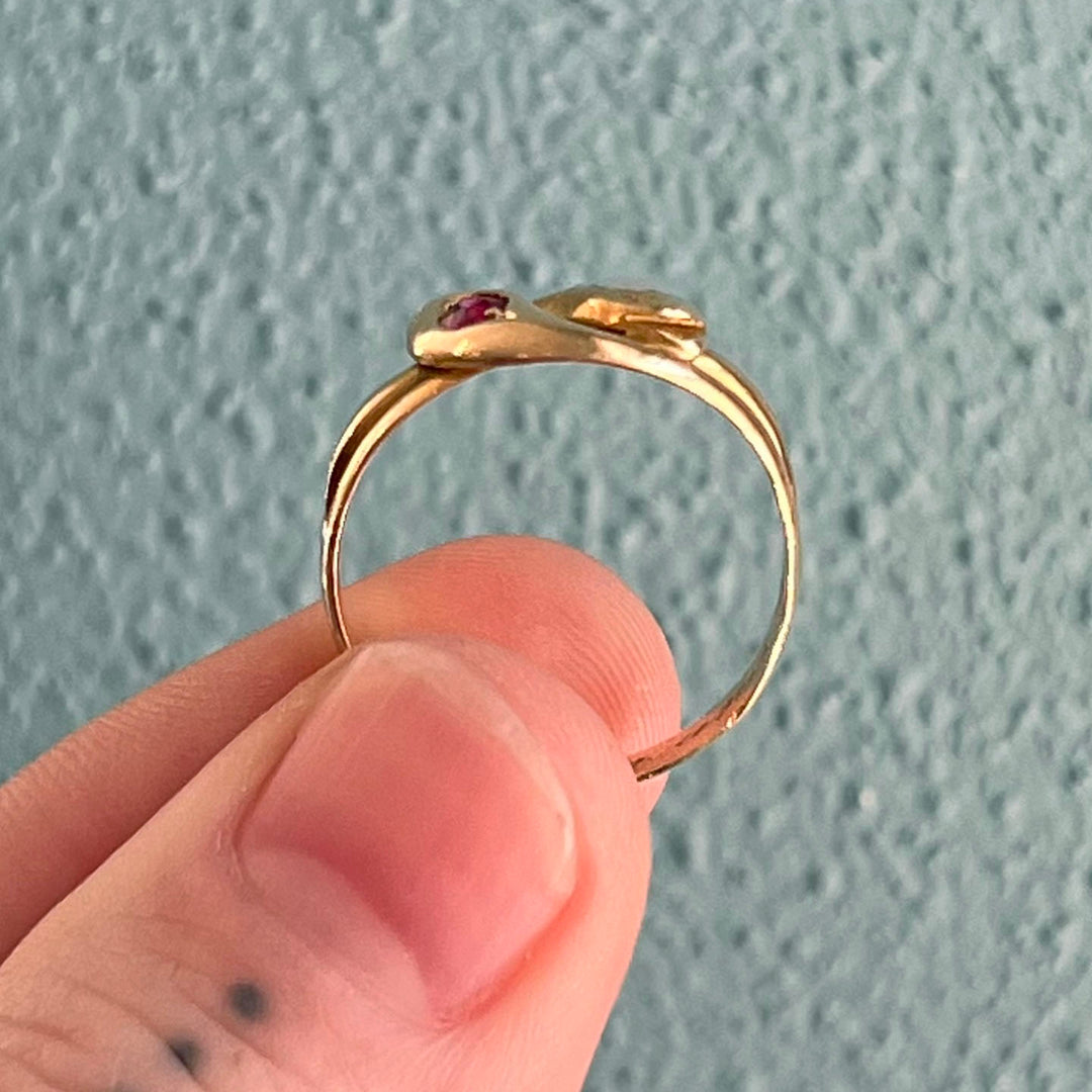 Antique Victorian Ruby Pearl Double Snake Gold Ring, c.1890 Size 7