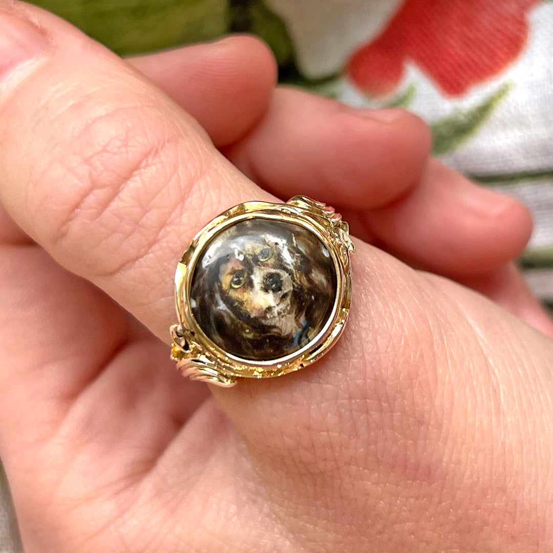 Antique Victorian Enamel Dog Gold Ring, Signed W. Essex, c. 1860s