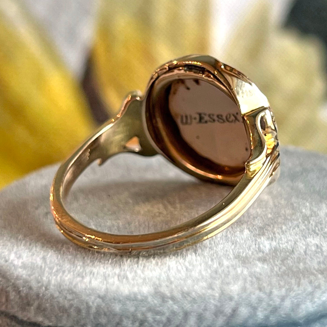 Antique Victorian Enamel Dog Gold Ring, Signed W. Essex, c. 1860s