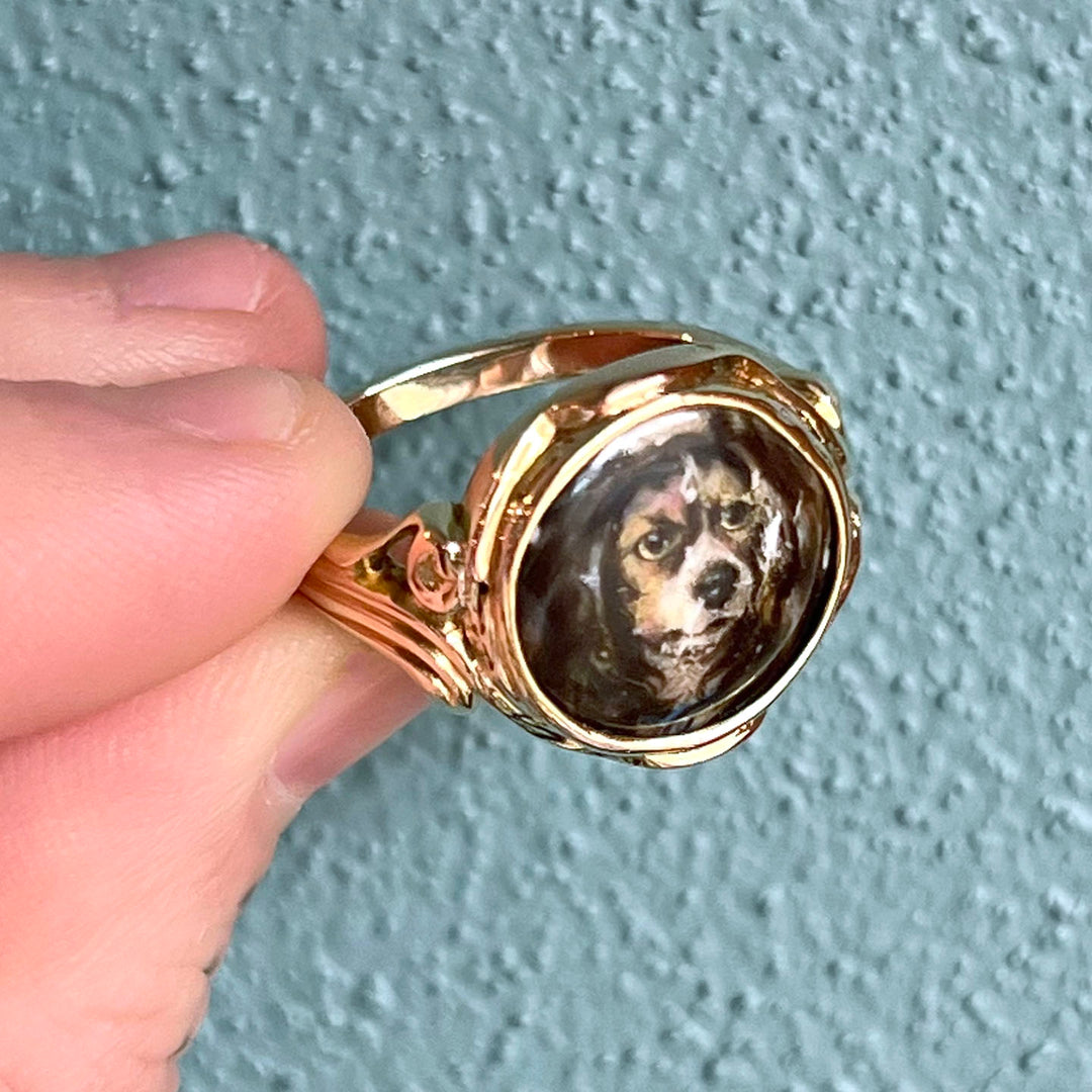 Antique Victorian Enamel Dog Gold Ring, Signed W. Essex, c. 1860s