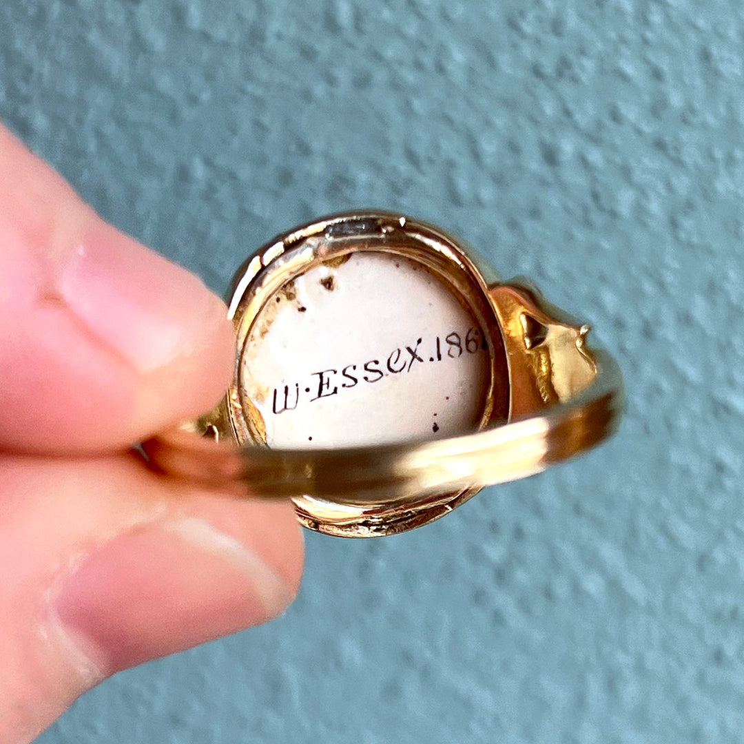 Antique Victorian Enamel Dog Gold Ring, Signed W. Essex, c. 1860s