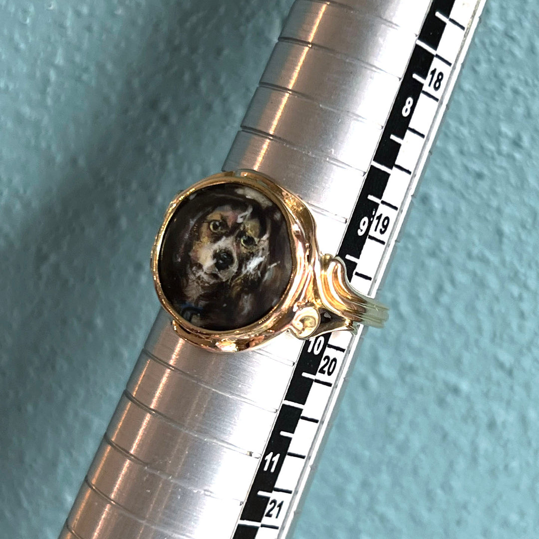 Antique Victorian Enamel Dog Gold Ring, Signed W. Essex, c. 1860s