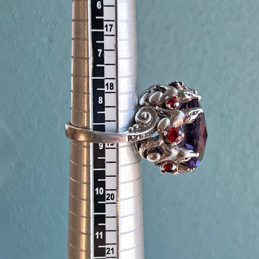 Vintage Silver Amethyst Garnet Marcasite Canine Claw Ring