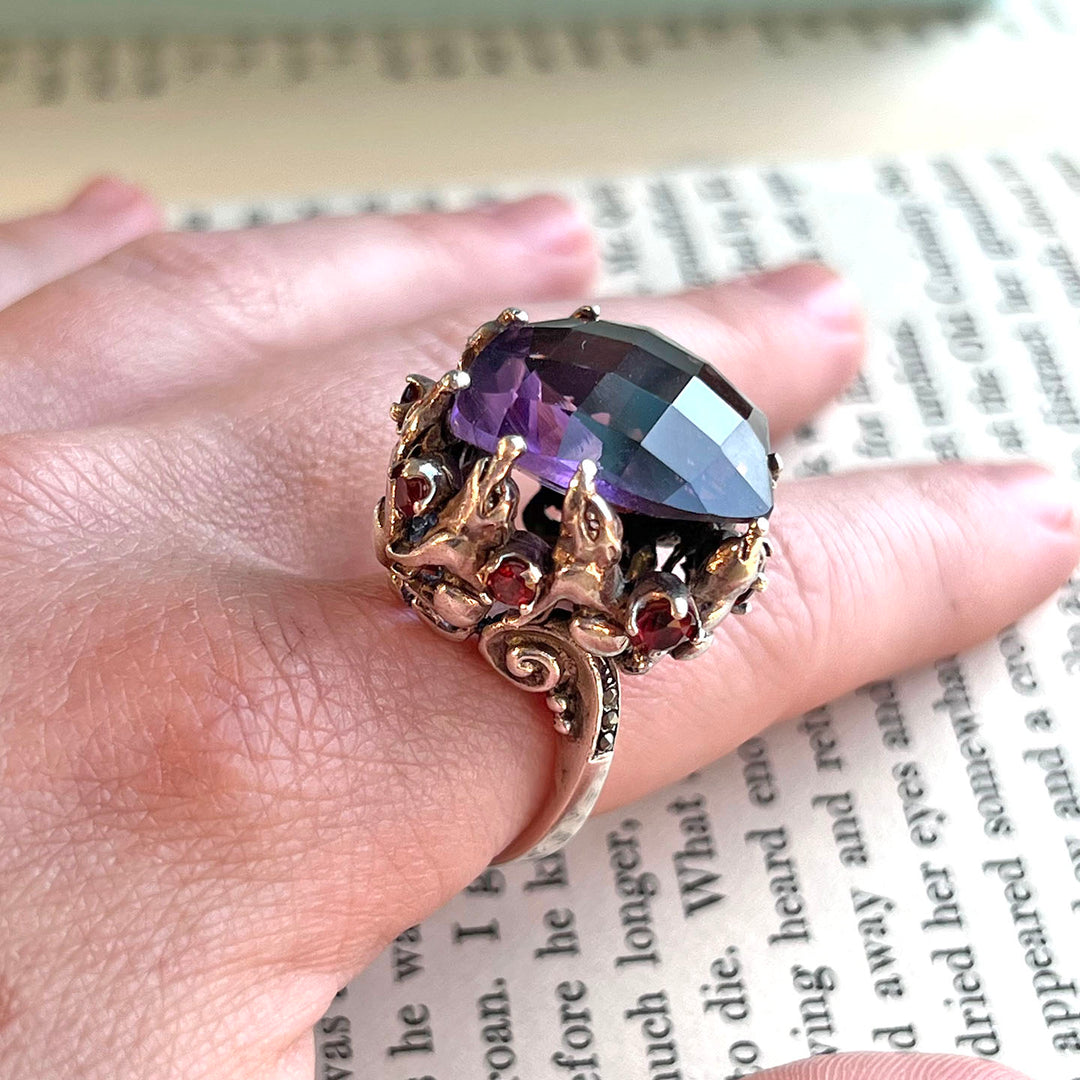 Vintage Silver Amethyst Garnet Marcasite Canine Claw Ring