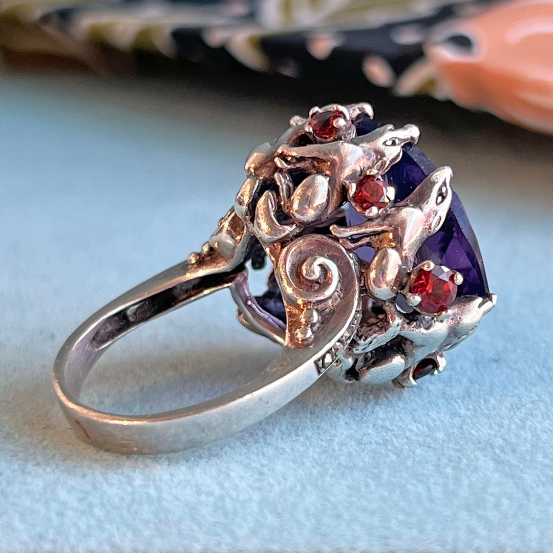 Vintage Silver Amethyst Garnet Marcasite Canine Claw Ring