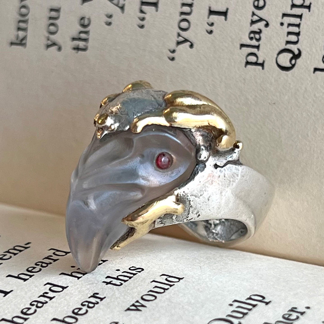 Vintage Designer Silver Gold Rock Crystal and Garnet Birds Head Ring