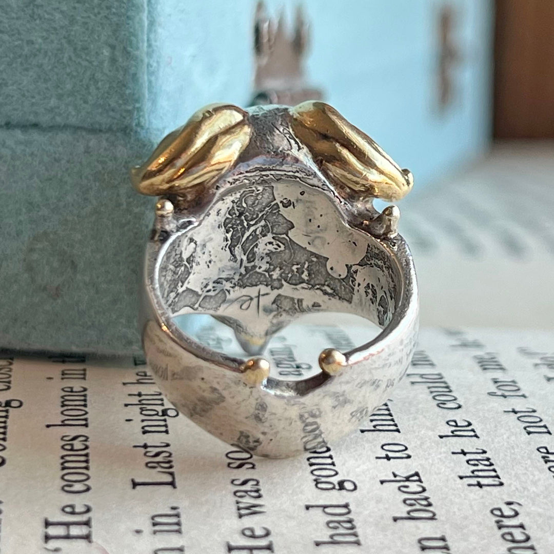Vintage Designer Silver Gold Rock Crystal and Garnet Birds Head Ring