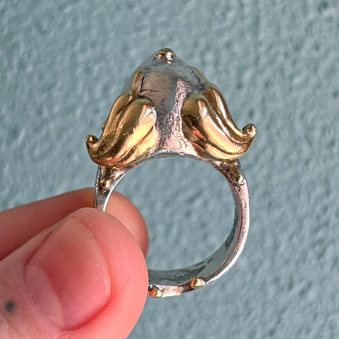 Vintage Designer Silver Gold Rock Crystal and Garnet Birds Head Ring