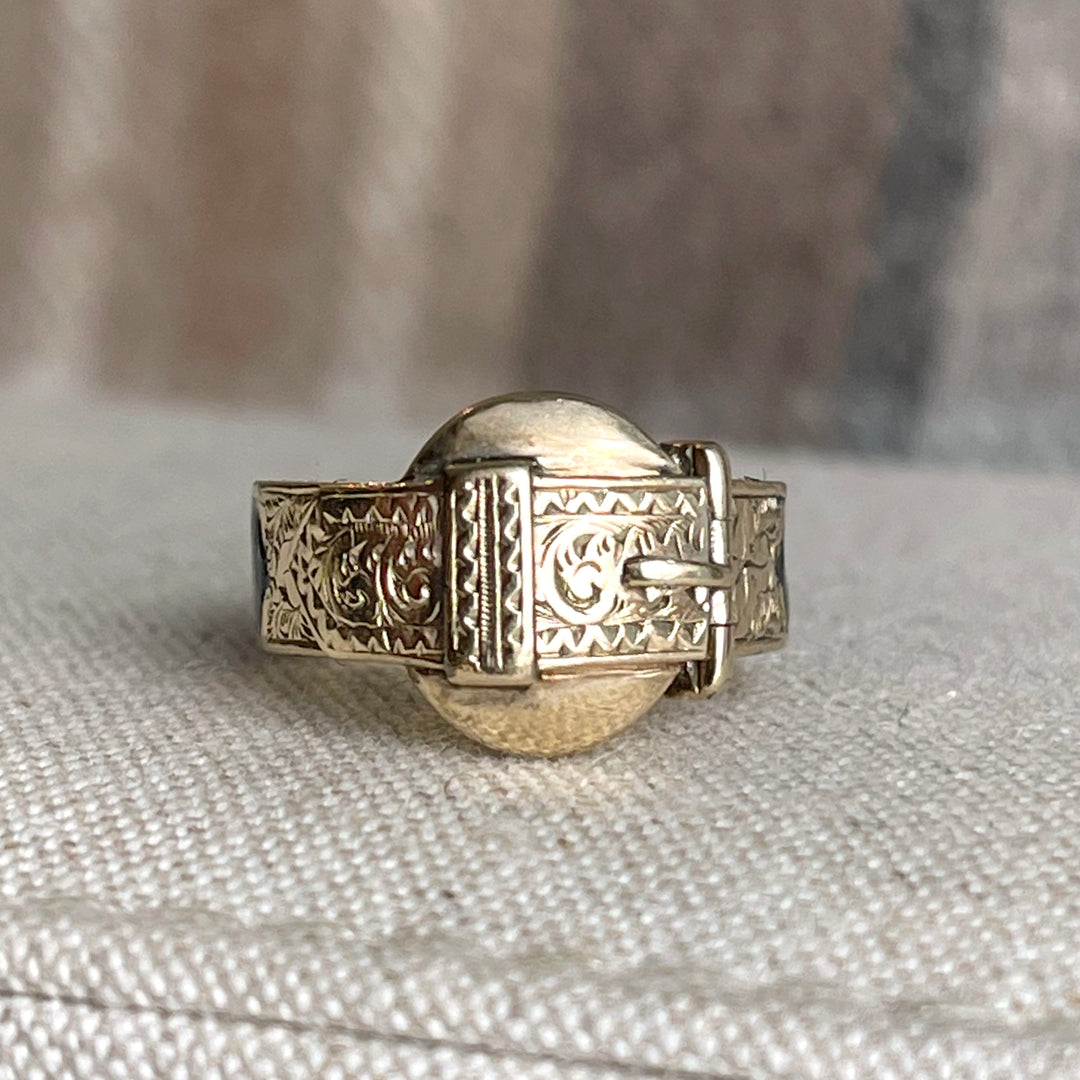 Antique Victorian 9K Gold and Black Enamel Buckle Locket Ring, Dated 1868