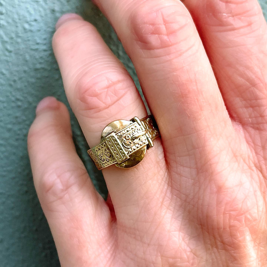 Antique Victorian 9K Gold and Black Enamel Buckle Locket Ring, Dated 1868