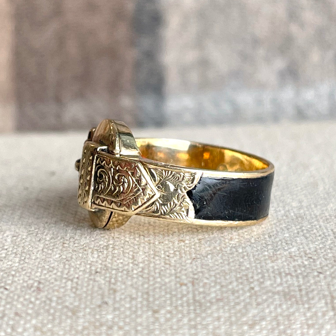 Antique Victorian 9K Gold and Black Enamel Buckle Locket Ring, Dated 1868