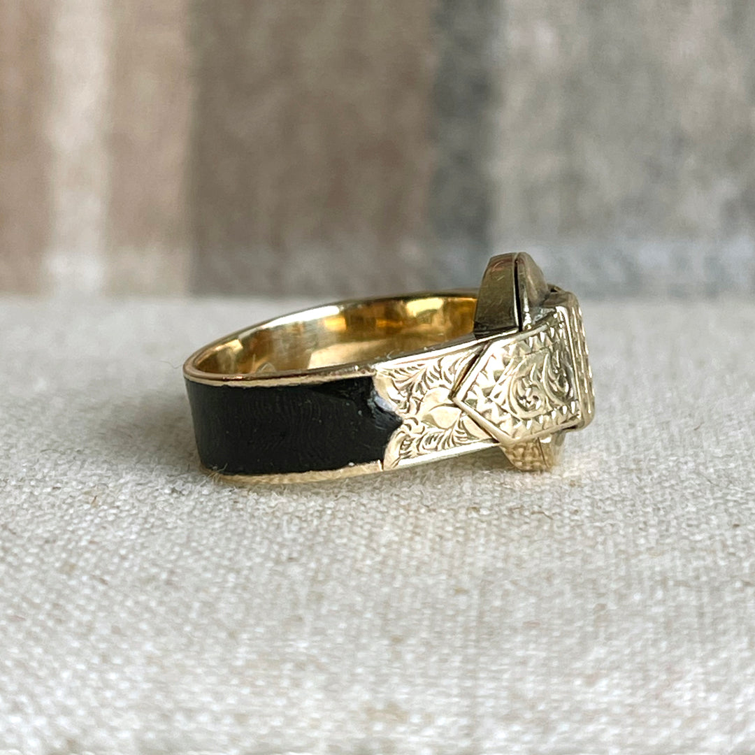 Antique Victorian 9K Gold and Black Enamel Buckle Locket Ring, Dated 1868