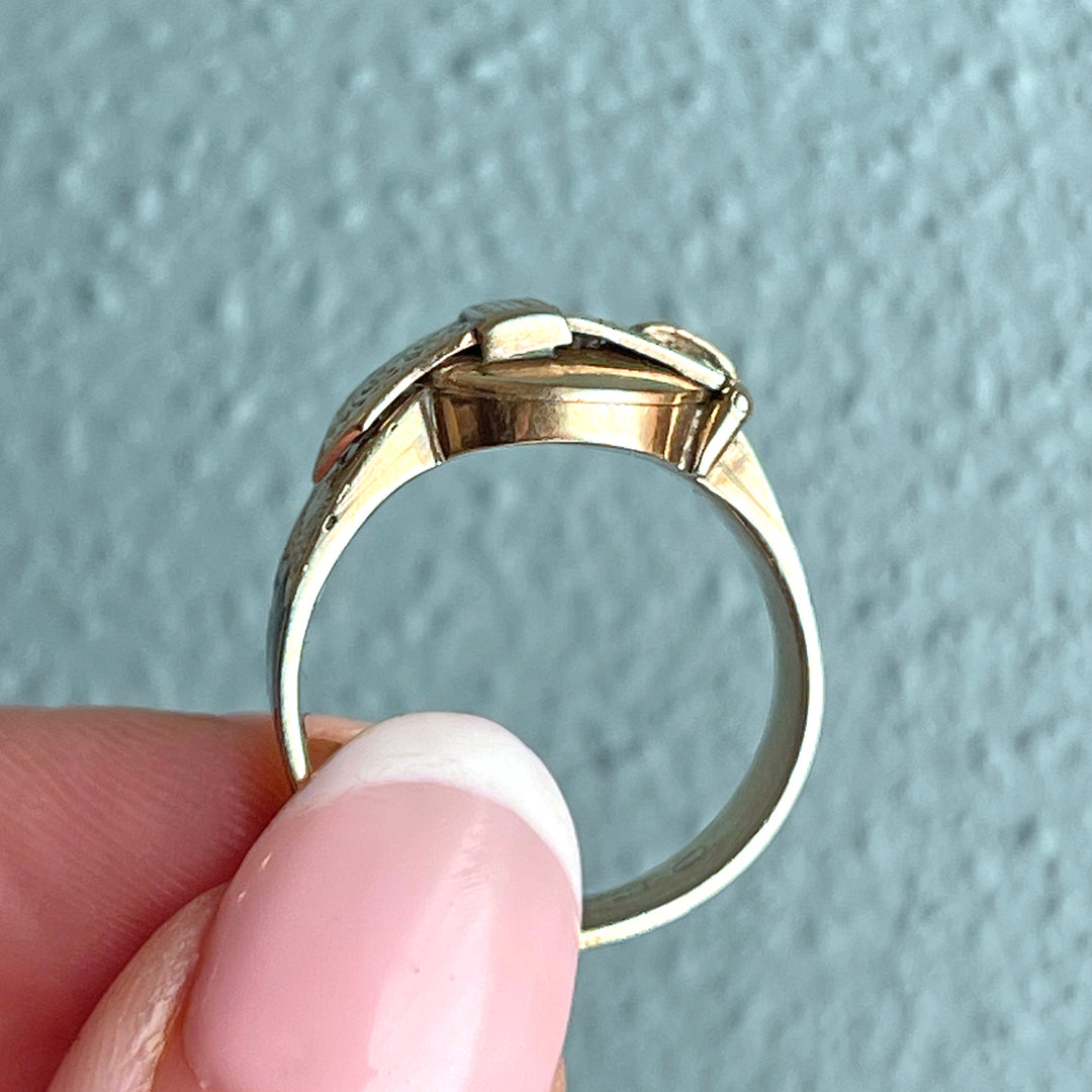 Antique Victorian 9K Gold and Black Enamel Buckle Locket Ring, Dated 1868