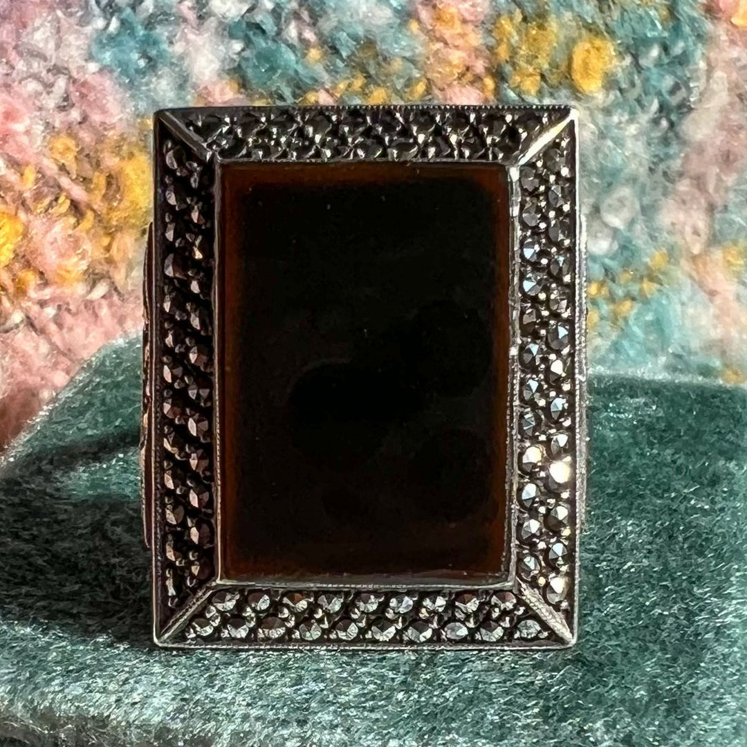 Antique Art Deco Onyx Marcasite Cocktail Ring, c. 1920