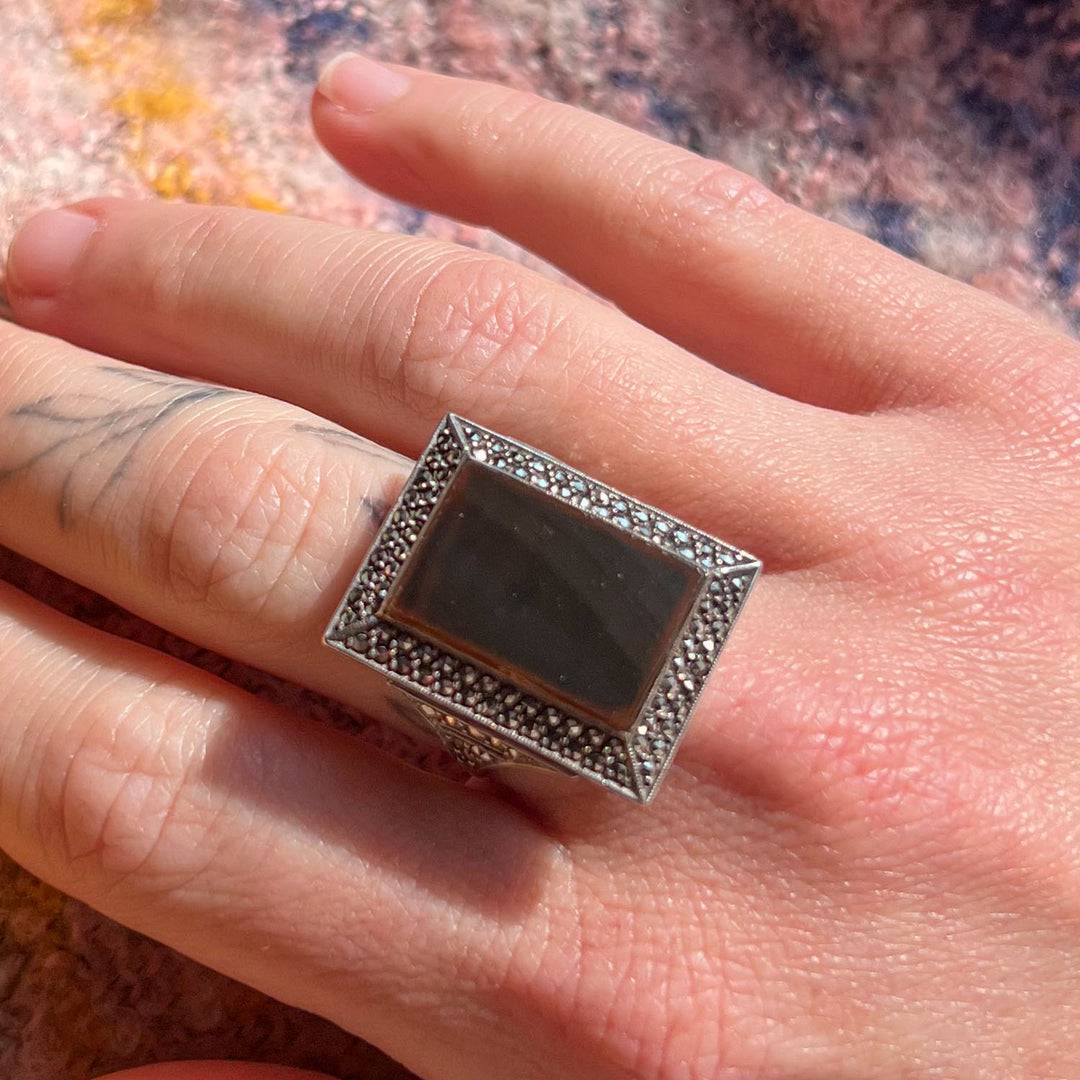 Antique Art Deco Onyx Marcasite Cocktail Ring, c. 1920