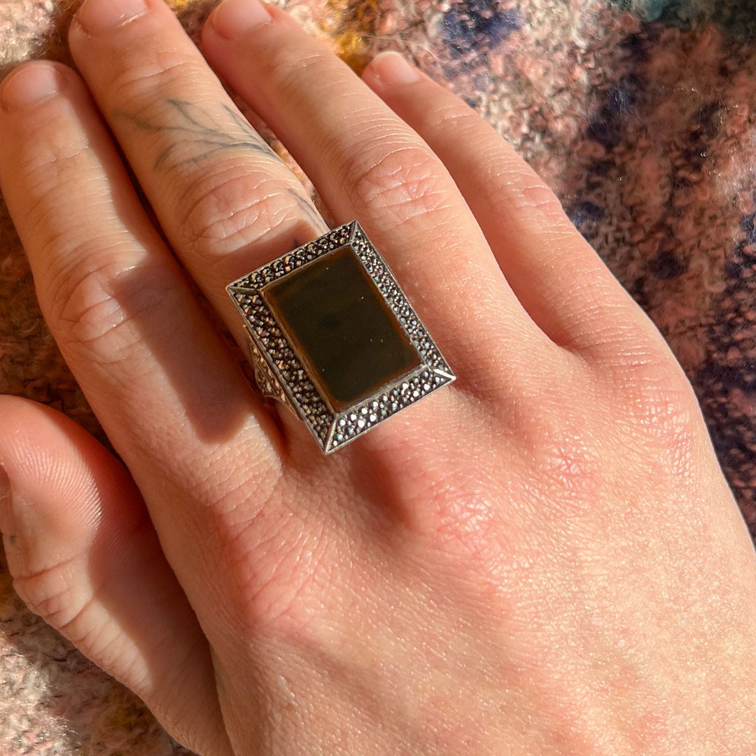 Antique Art Deco Onyx Marcasite Cocktail Ring, c. 1920