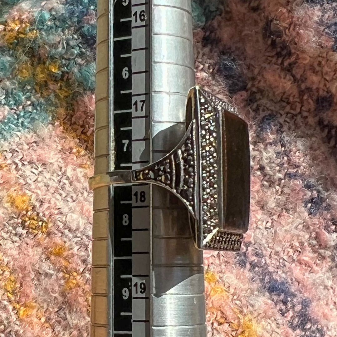 Antique Art Deco Onyx Marcasite Cocktail Ring, c. 1920