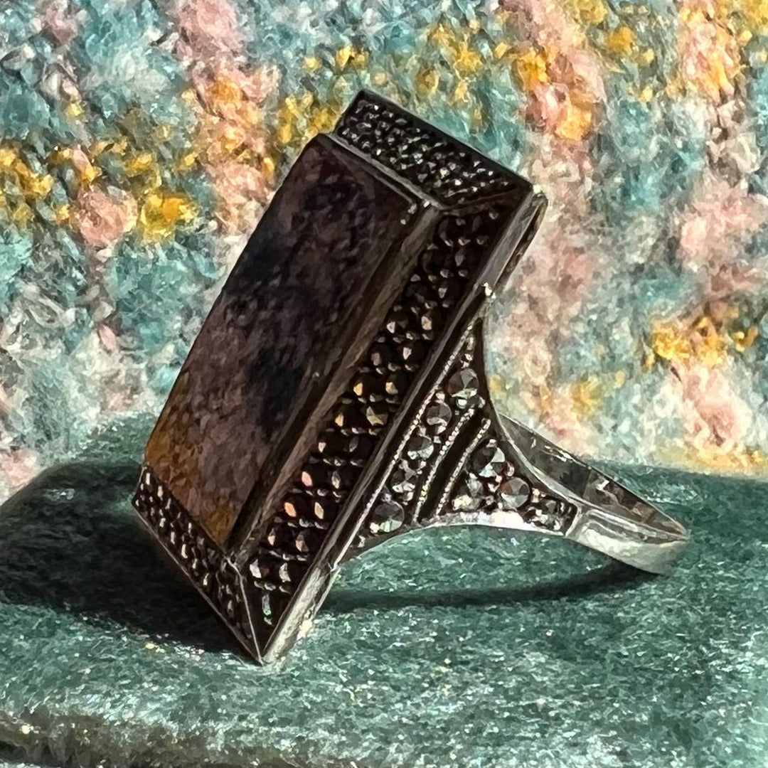 Antique Art Deco Onyx Marcasite Cocktail Ring, c. 1920