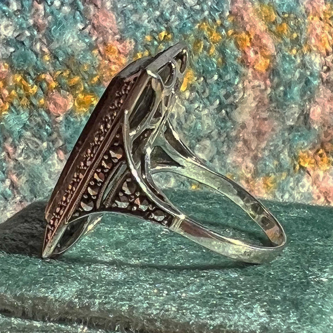 Antique Art Deco Onyx Marcasite Cocktail Ring, c. 1920