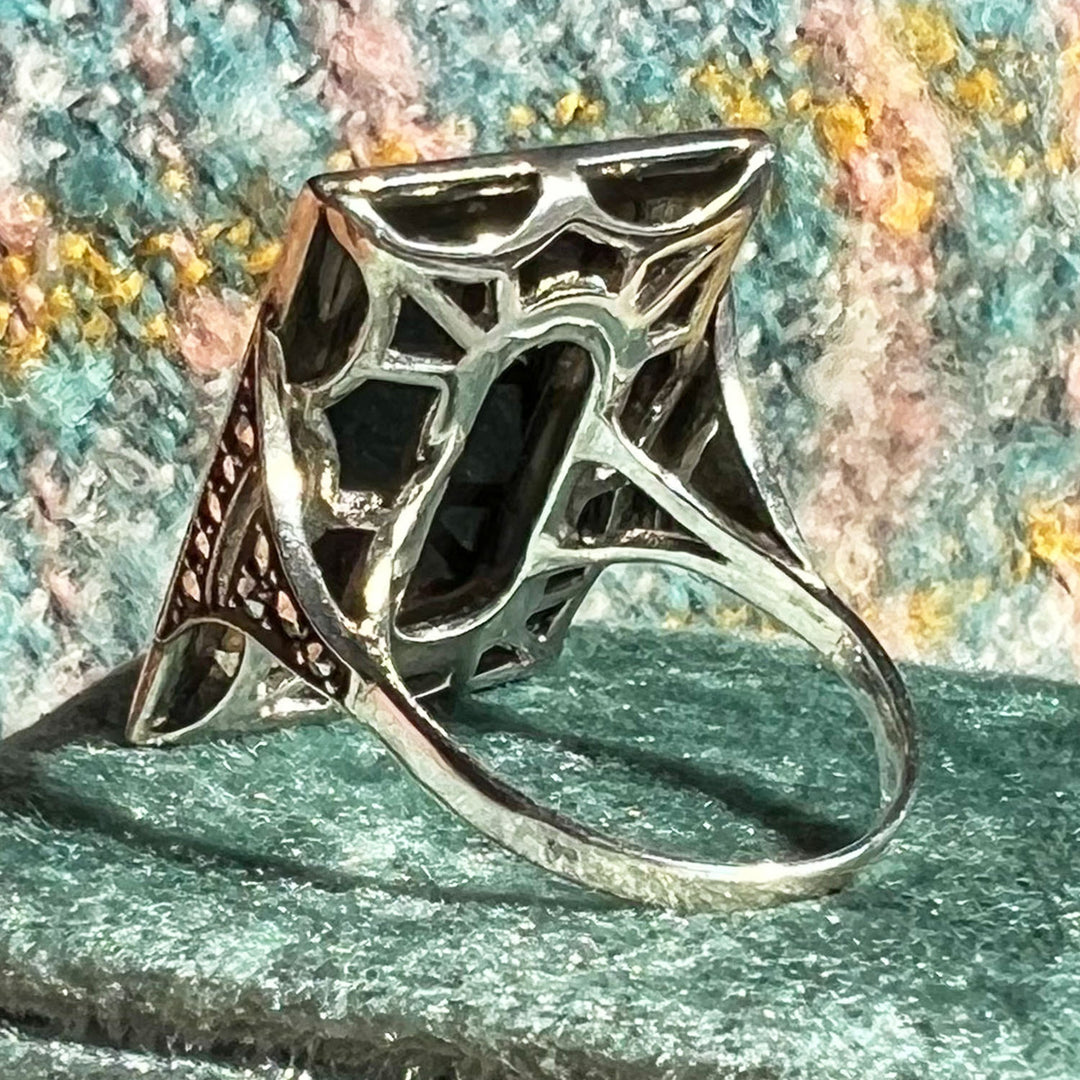 Antique Art Deco Onyx Marcasite Cocktail Ring, c. 1920