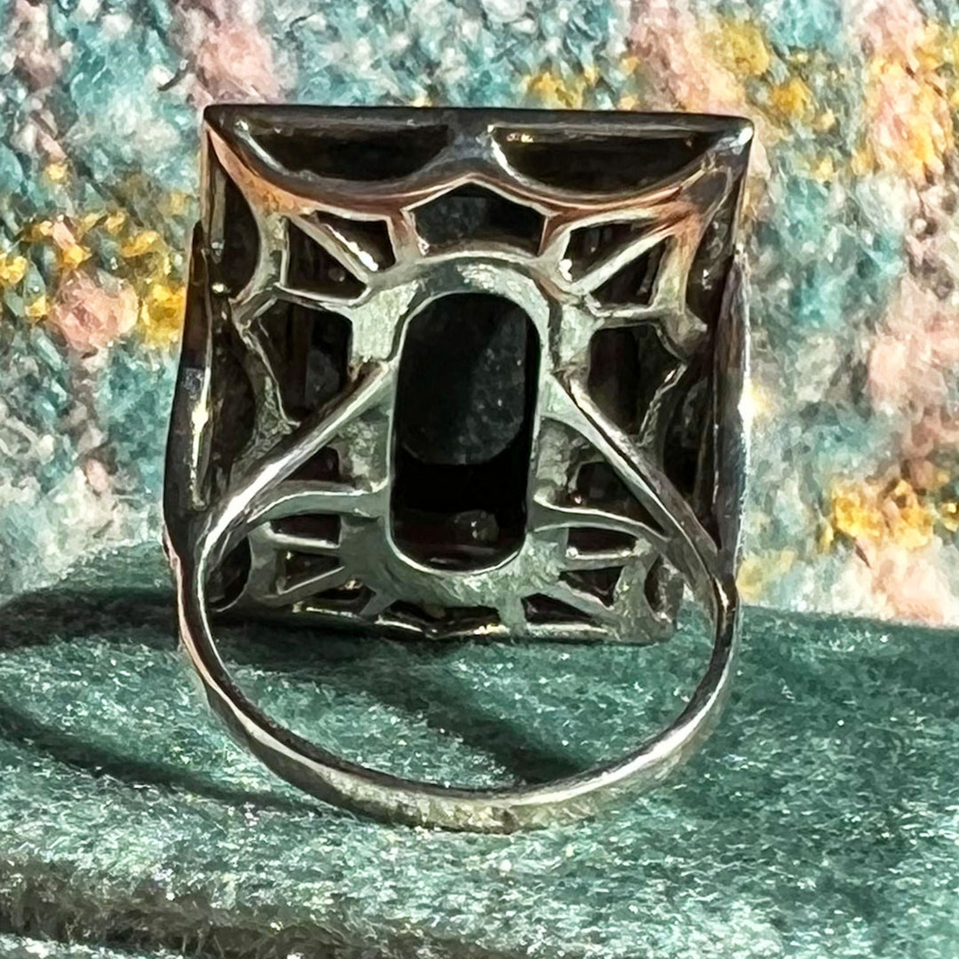 Antique Art Deco Onyx Marcasite Cocktail Ring, c. 1920