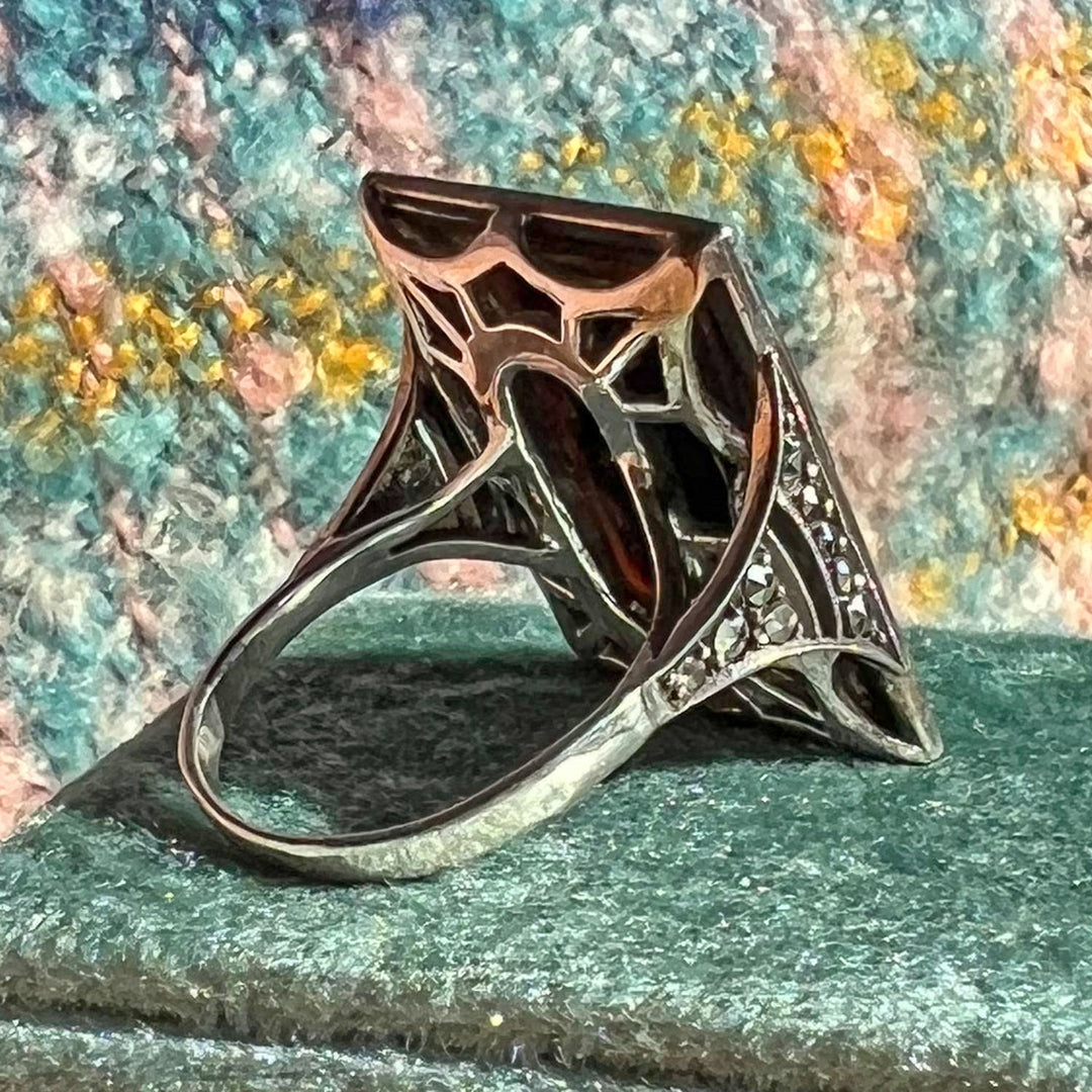 Antique Art Deco Onyx Marcasite Cocktail Ring, c. 1920