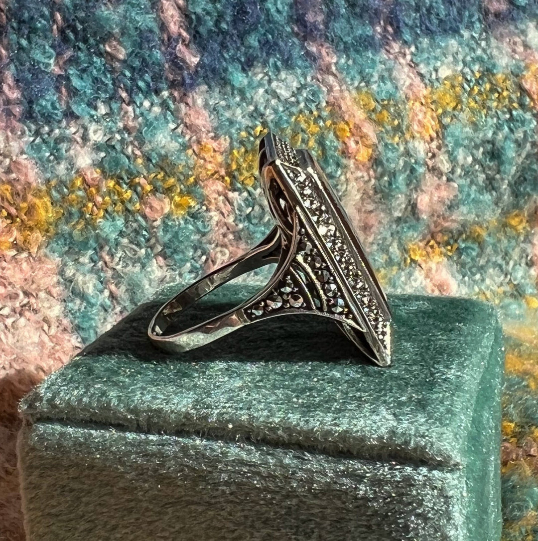 Antique Art Deco Onyx Marcasite Cocktail Ring, c. 1920