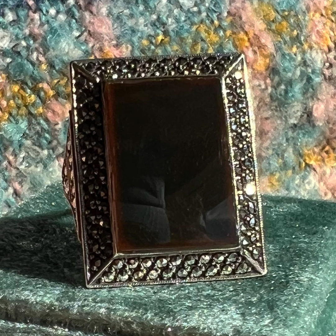 Antique Art Deco Onyx Marcasite Cocktail Ring, c. 1920