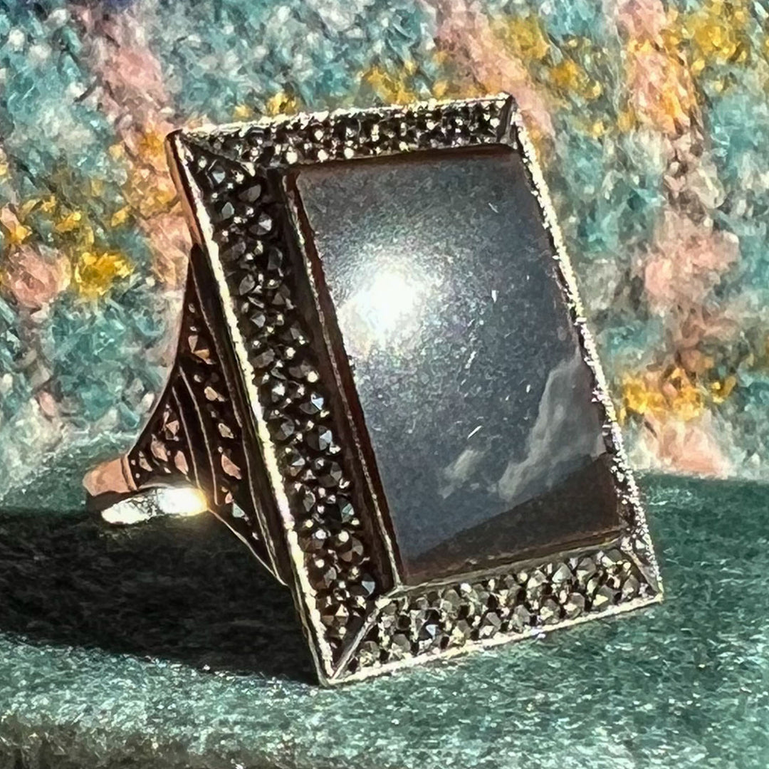 Antique Art Deco Onyx Marcasite Cocktail Ring, c. 1920