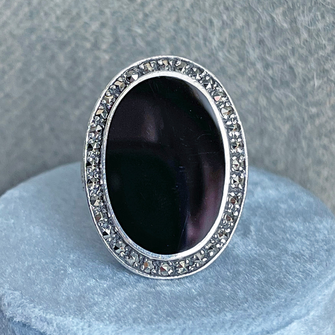 Antique Art Deco Onyx and Marcasite Cocktail Ring, c. 1920