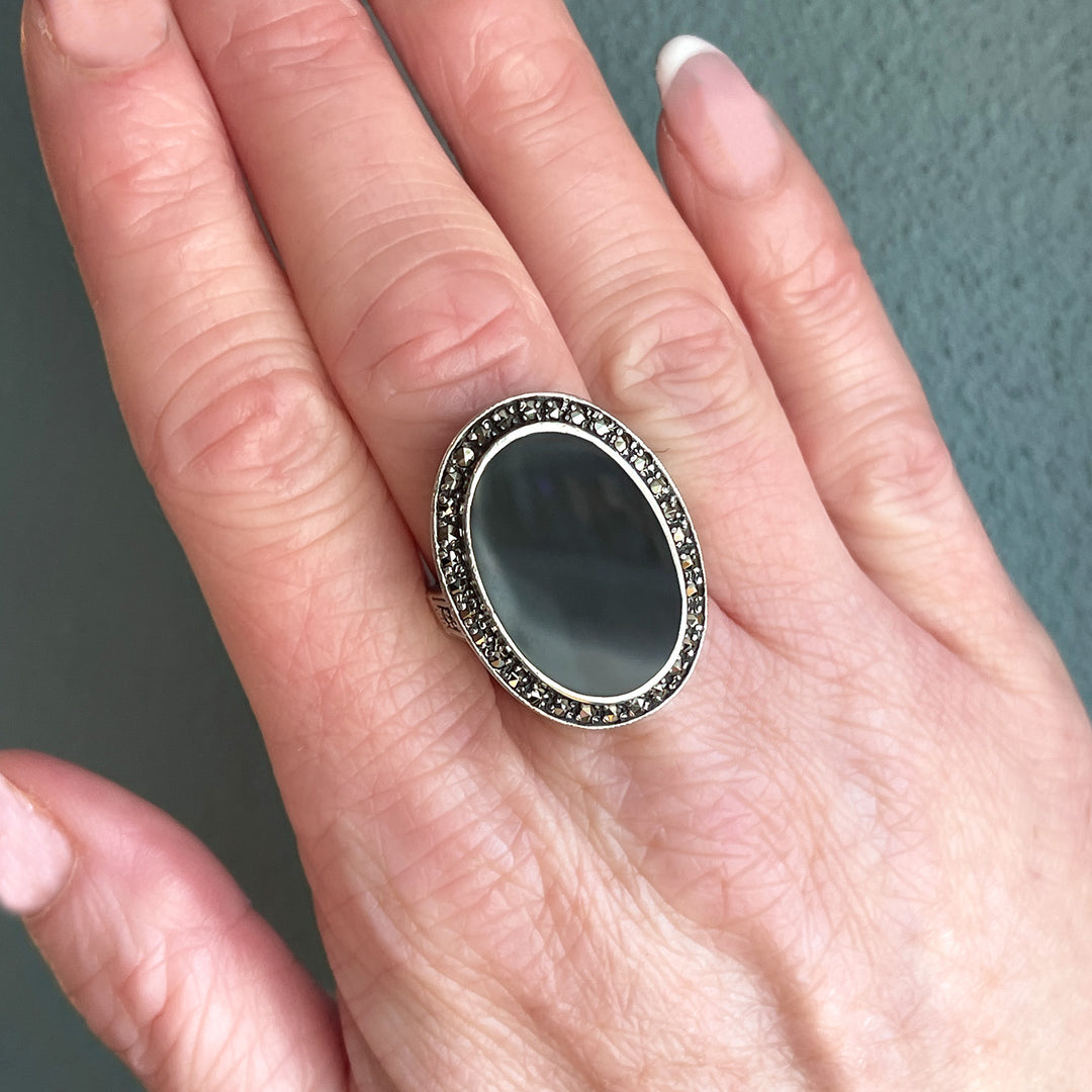 Antique Art Deco Onyx and Marcasite Cocktail Ring, c. 1920