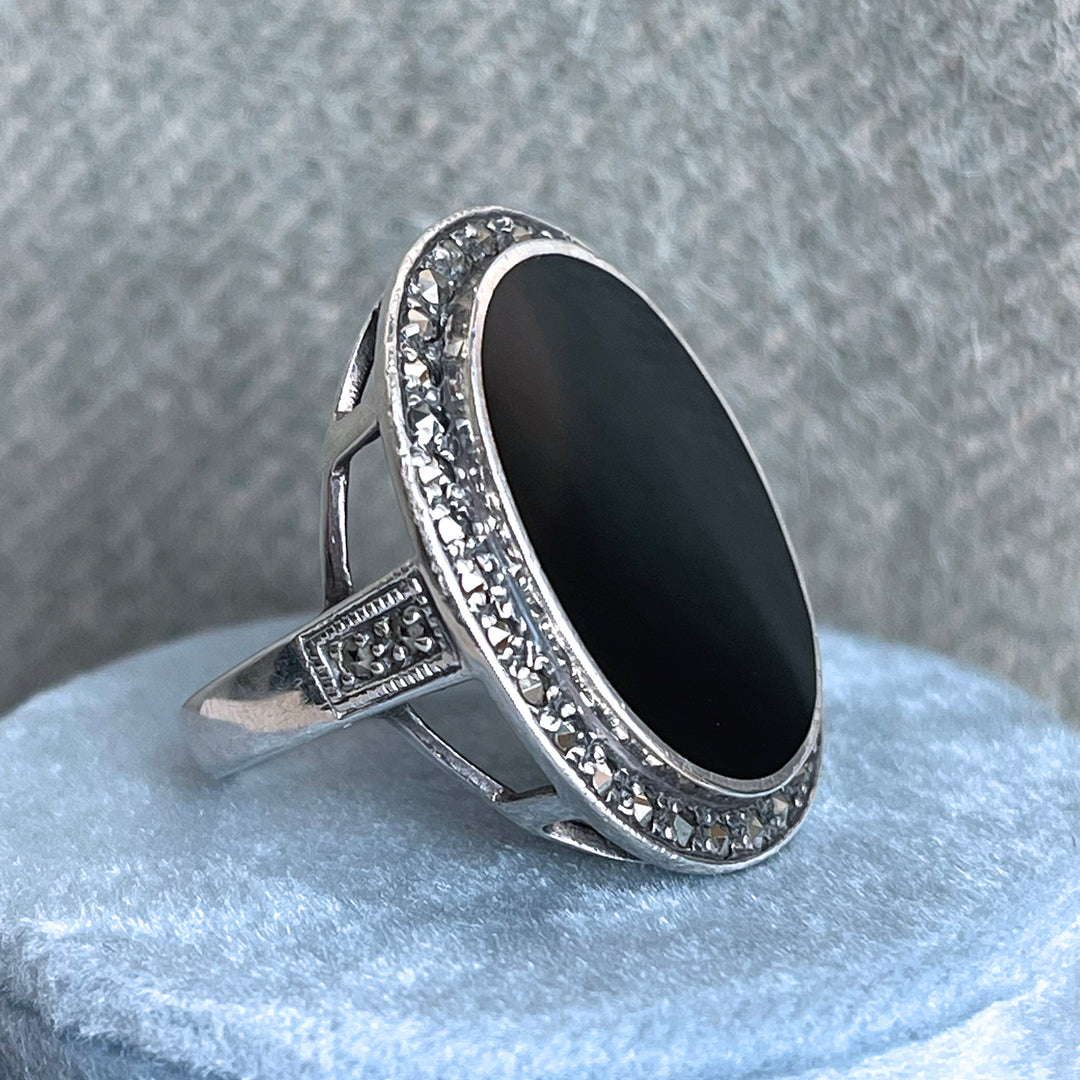 Antique Art Deco Onyx and Marcasite Cocktail Ring, c. 1920