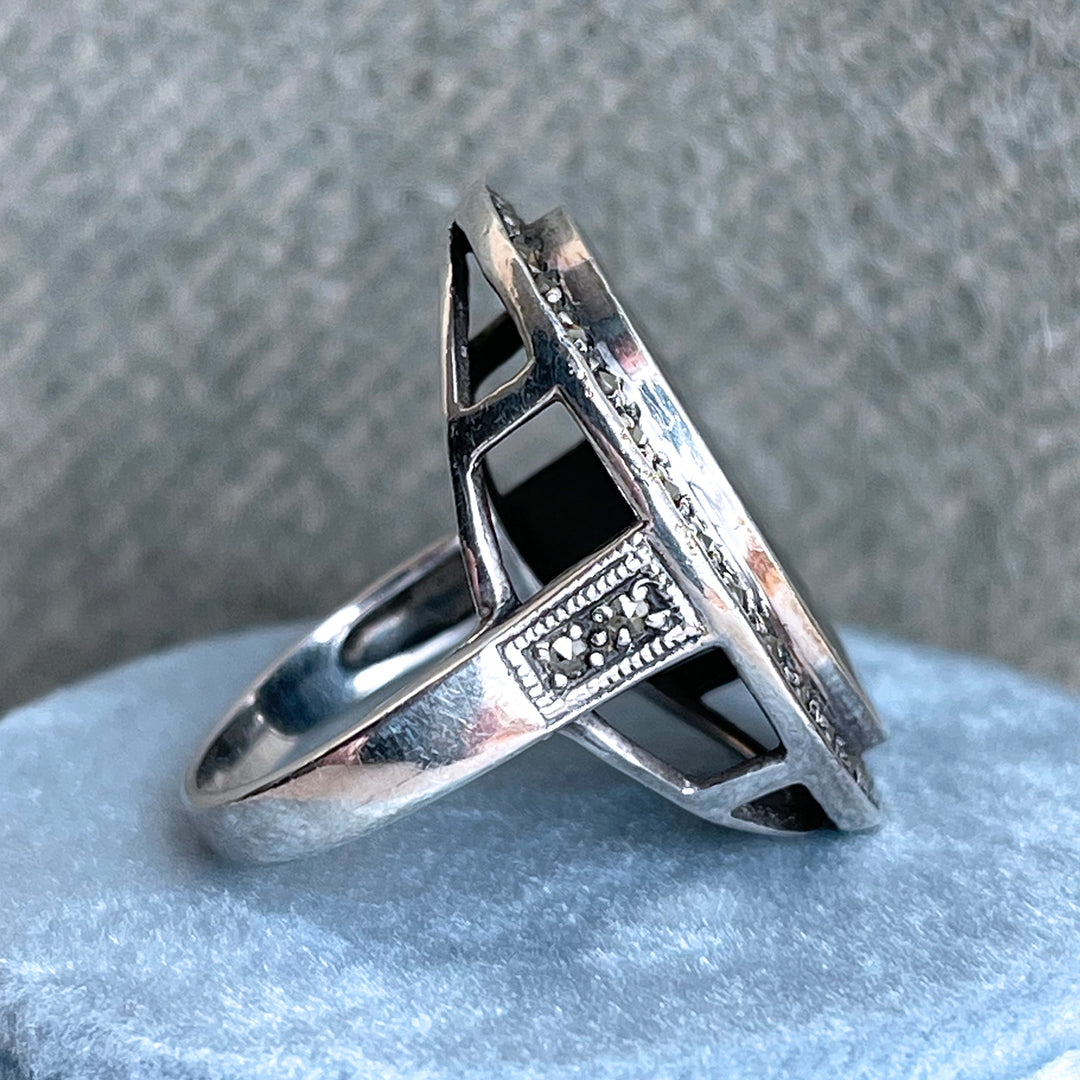 Antique Art Deco Onyx and Marcasite Cocktail Ring, c. 1920