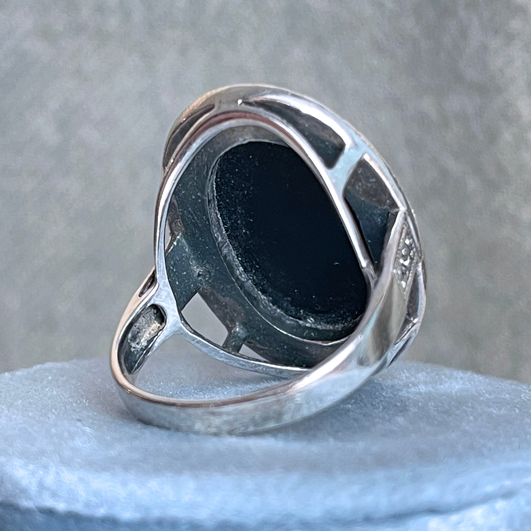 Antique Art Deco Onyx and Marcasite Cocktail Ring, c. 1920