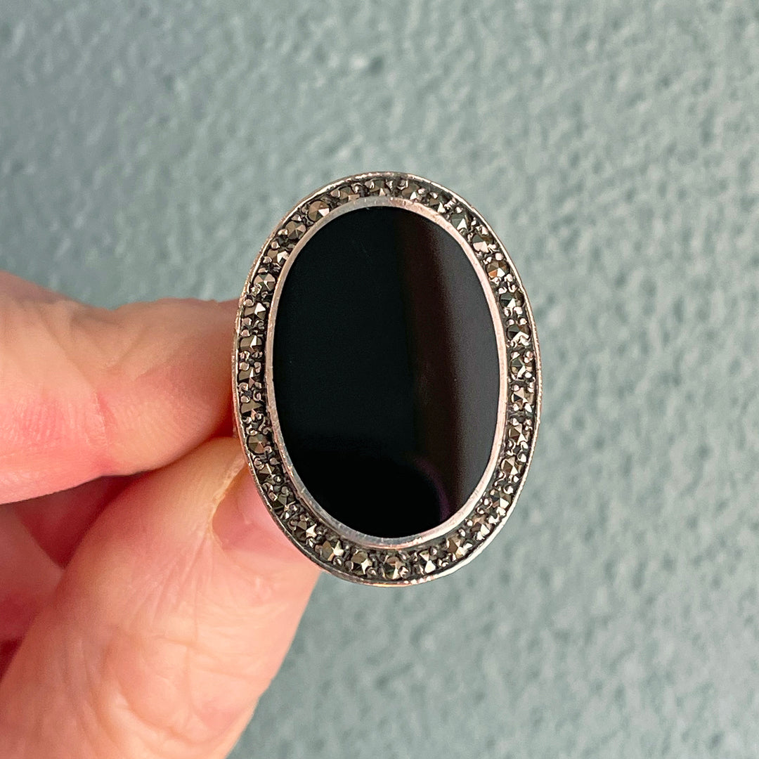 Antique Art Deco Onyx and Marcasite Cocktail Ring, c. 1920