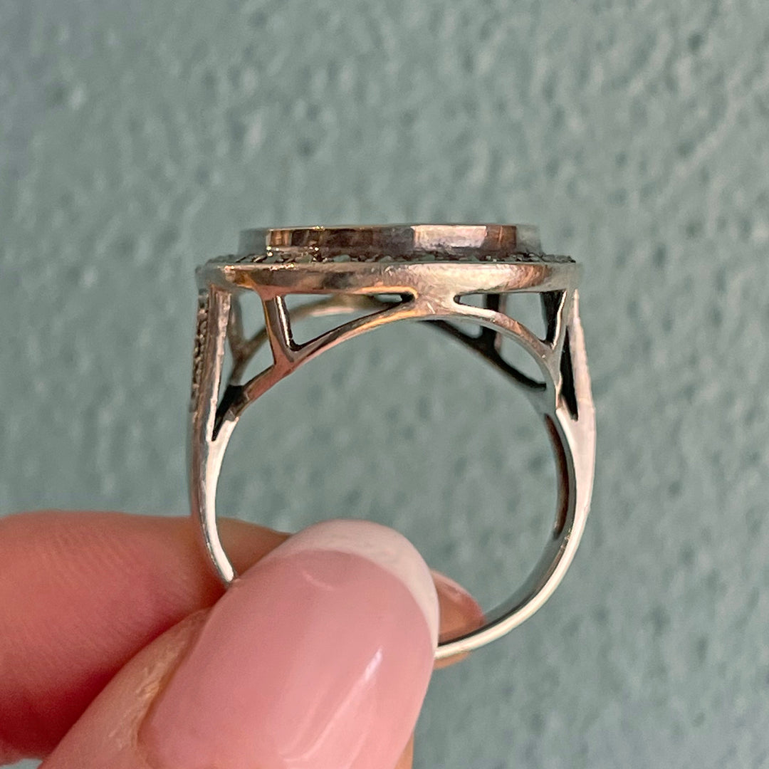 Antique Art Deco Onyx and Marcasite Cocktail Ring, c. 1920