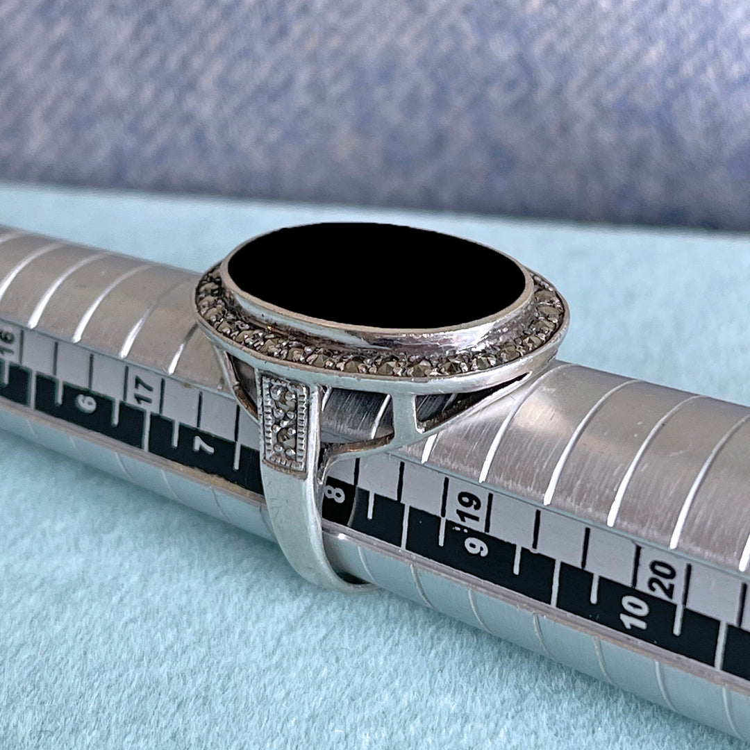 Antique Art Deco Onyx and Marcasite Cocktail Ring, c. 1920