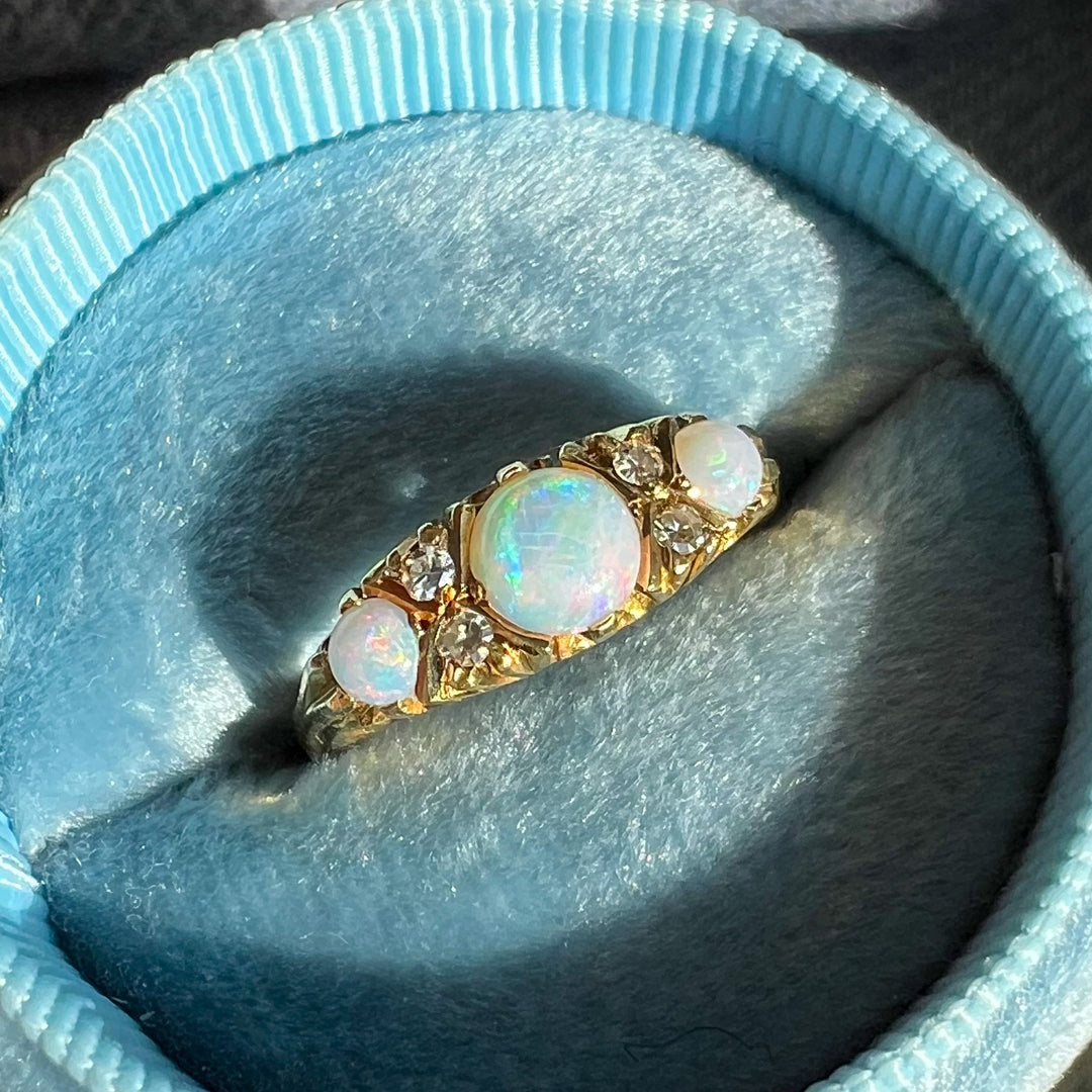 Vintage 18k 7 Stone Opal and Diamond Ring, Birmingham 1975