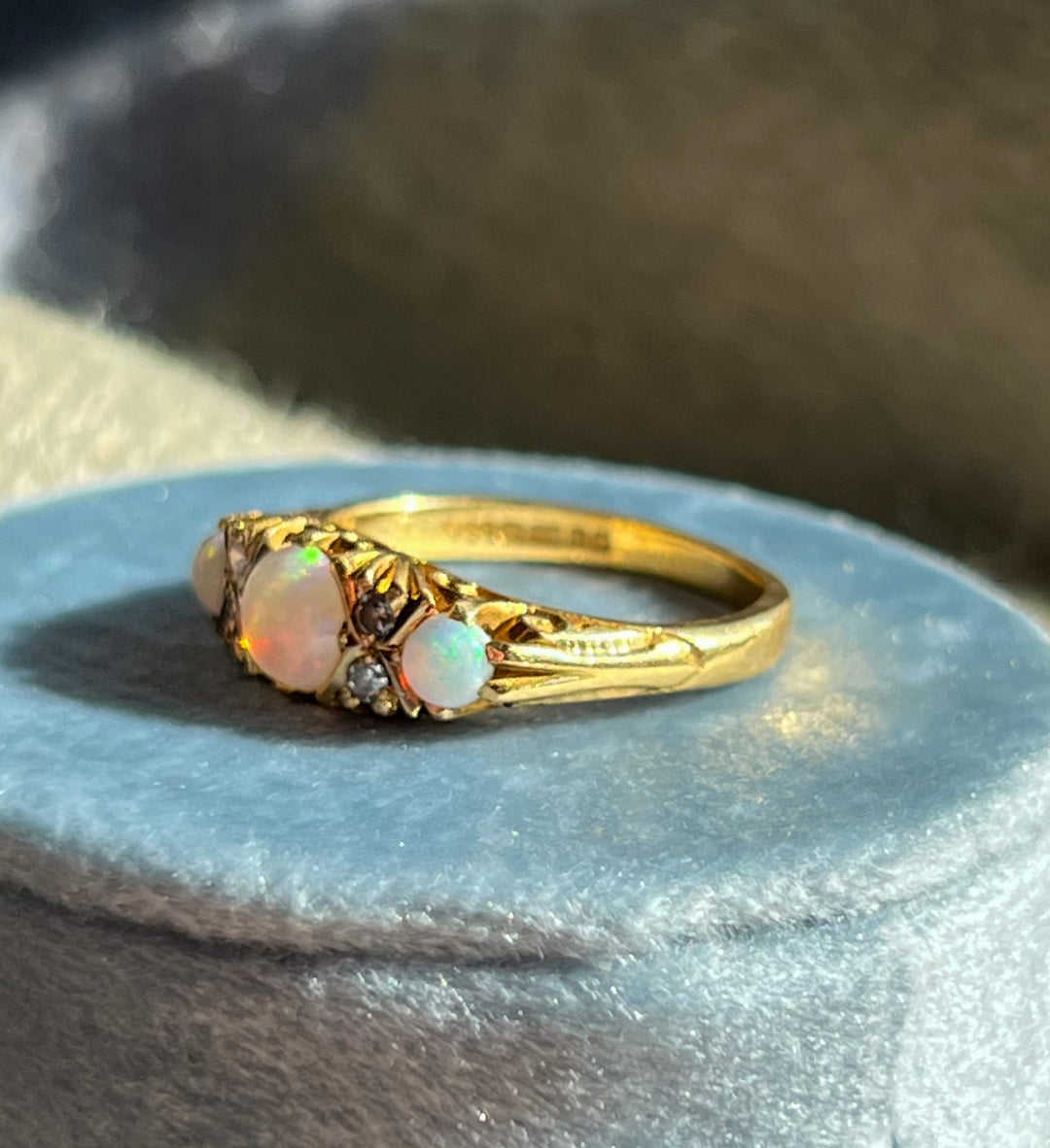 Vintage 18k 7 Stone Opal and Diamond Ring, Birmingham 1975