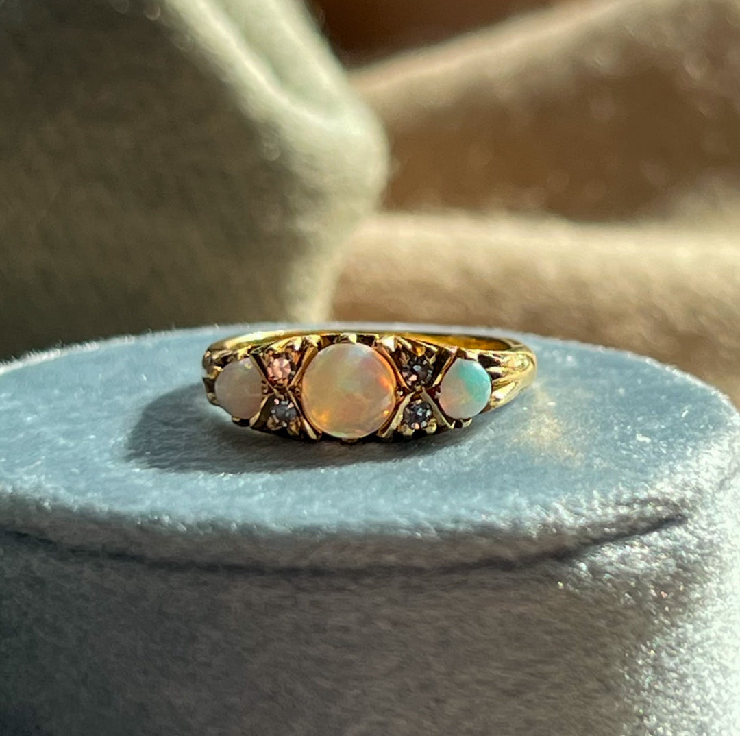 Vintage 18k 7 Stone Opal and Diamond Ring, Birmingham 1975