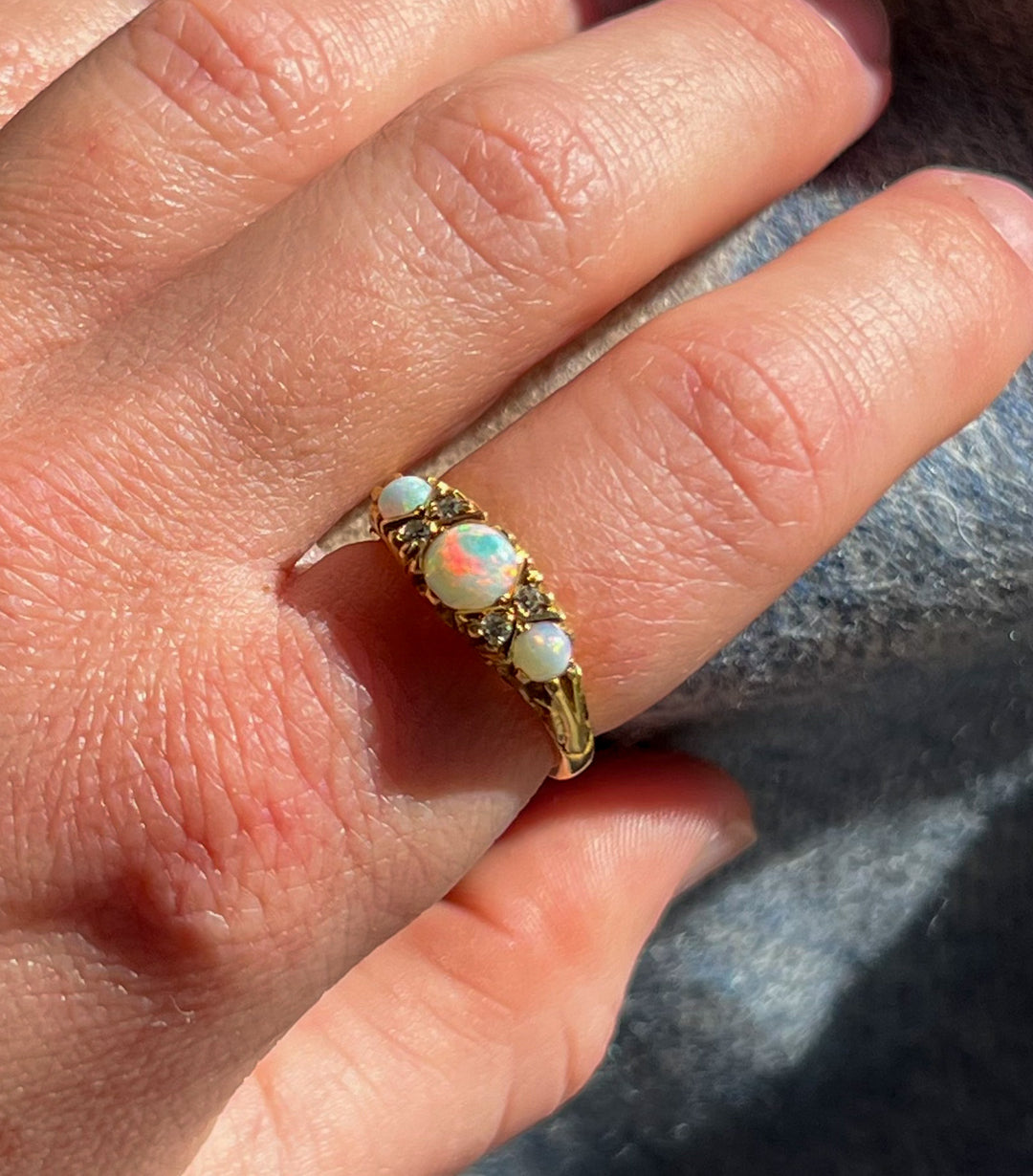 Vintage 18k 7 Stone Opal and Diamond Ring, Birmingham 1975
