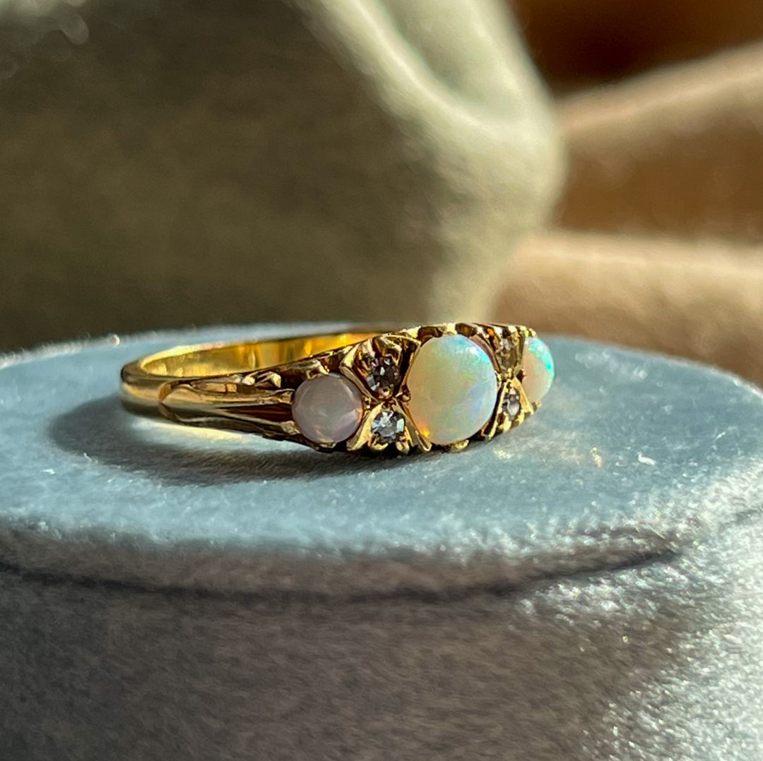 Vintage 18k 7 Stone Opal and Diamond Ring, Birmingham 1975