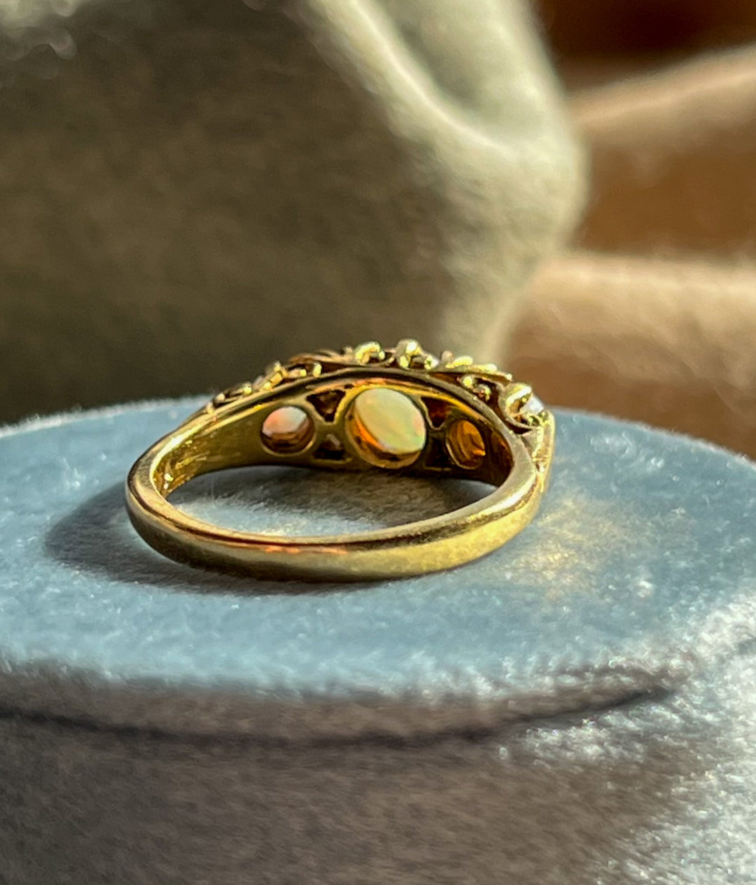 Vintage 18k 7 Stone Opal and Diamond Ring, Birmingham 1975